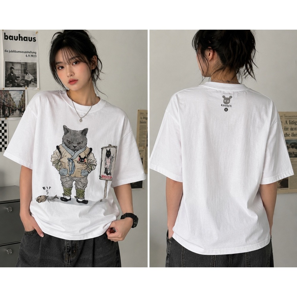 Timid Tales Samurai Cat Graphic T-Shirt White Off-White Korean Streetwear Small